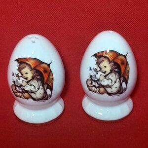 Umbrella Girl MJ Hummel Egg Shaped Mini Salt and Pepper Shakers